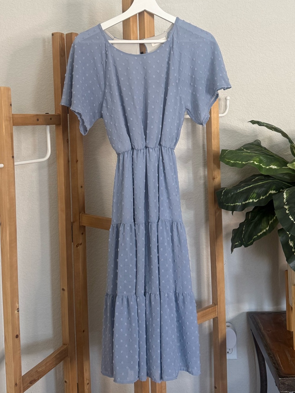 Liam & Co Dusty Blue Swiss Dot Tiered Midi Dress